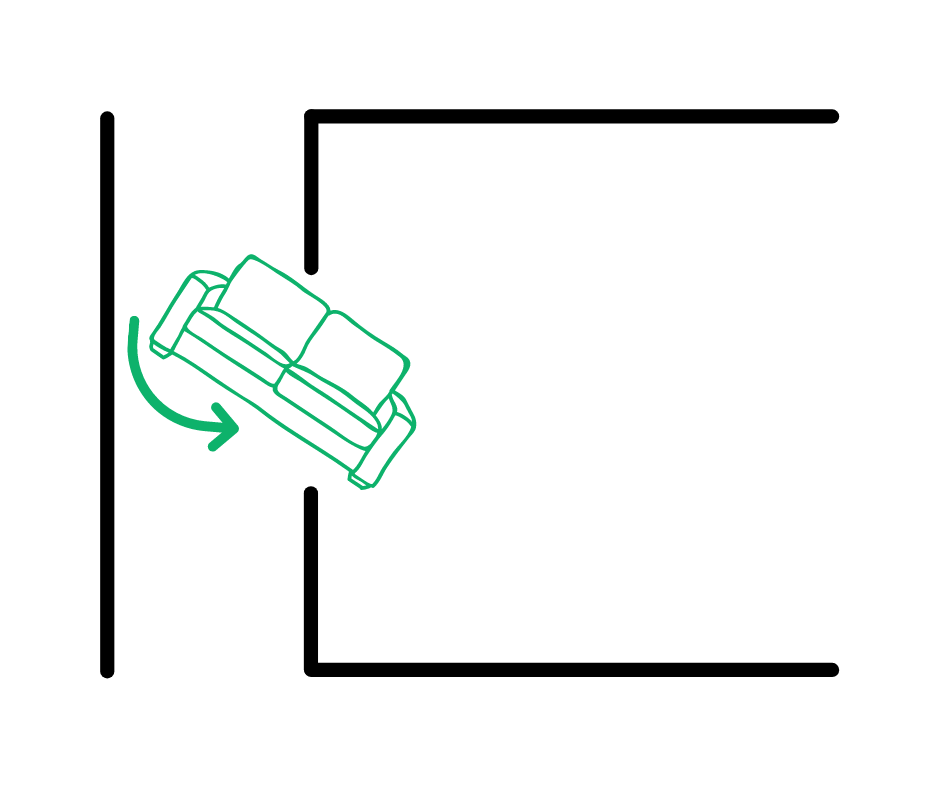 Diagram of how furniture may need to be turned to get inside.