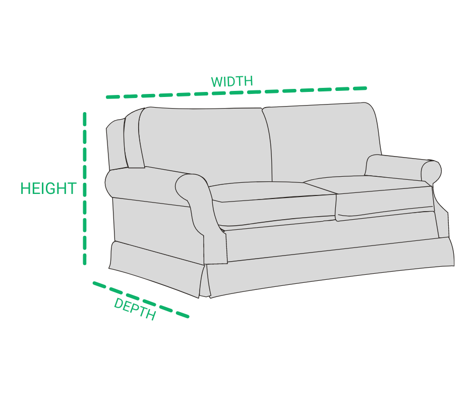 Diagram of how to measure width, height, and depth of furniture. 